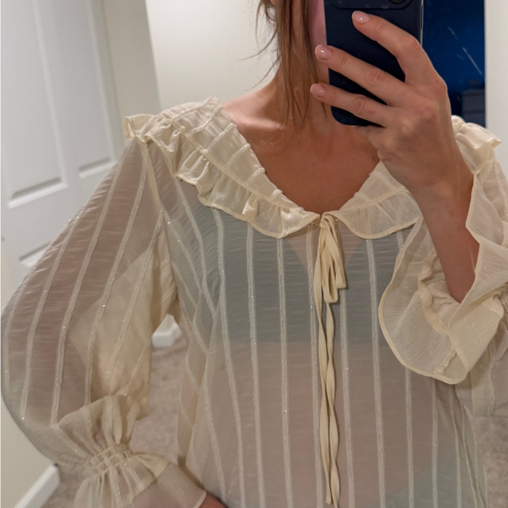 Zara Cream Striped Ruffle Blouse